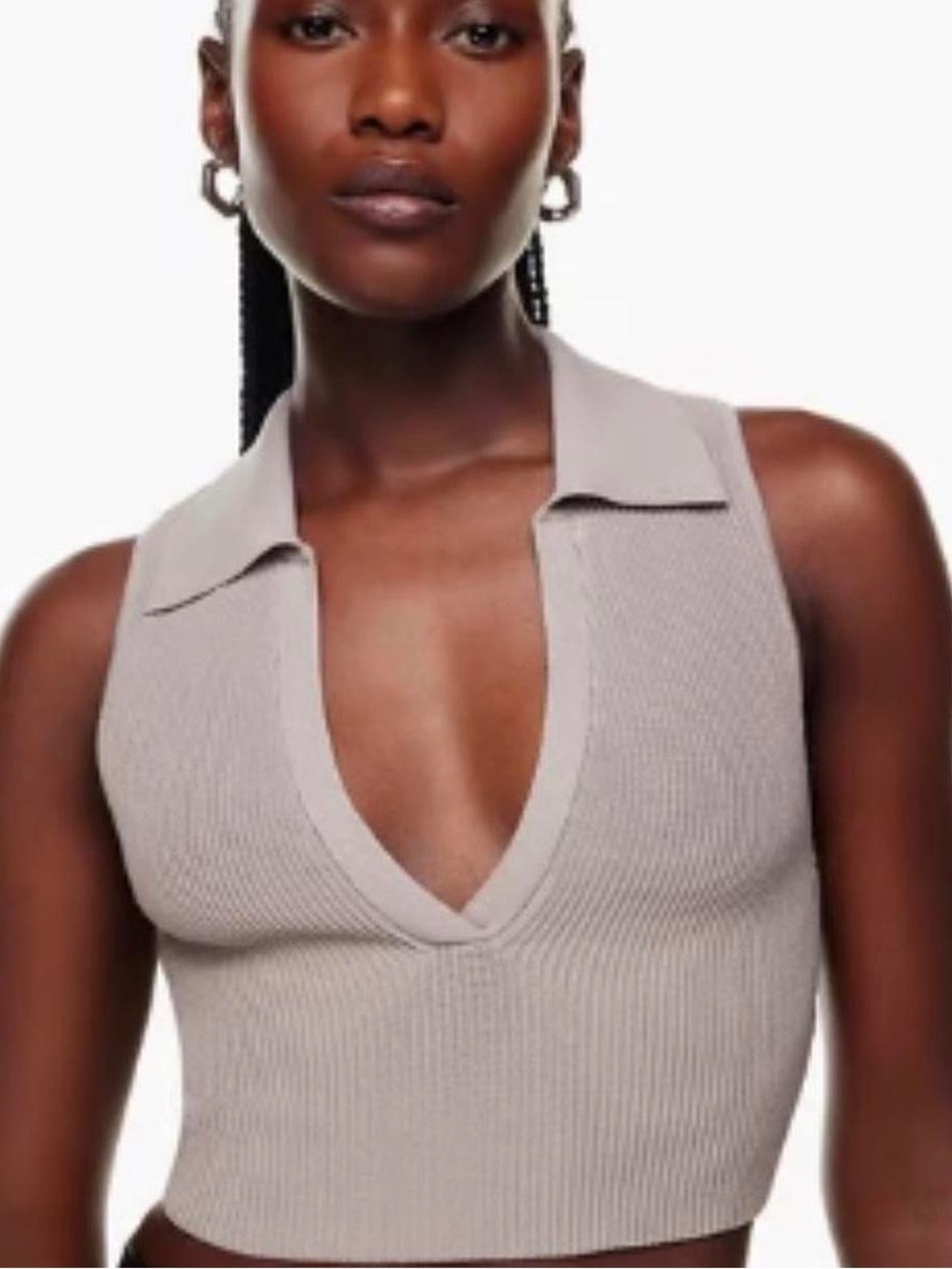 Aritzia babaton Taupe Ribbed V-Neck Collar Crop Top - SMALL STAIN on collar